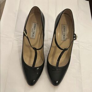 Authentic Jimmy Choo Black T Strap Patent Leather Mary Jane Heels.